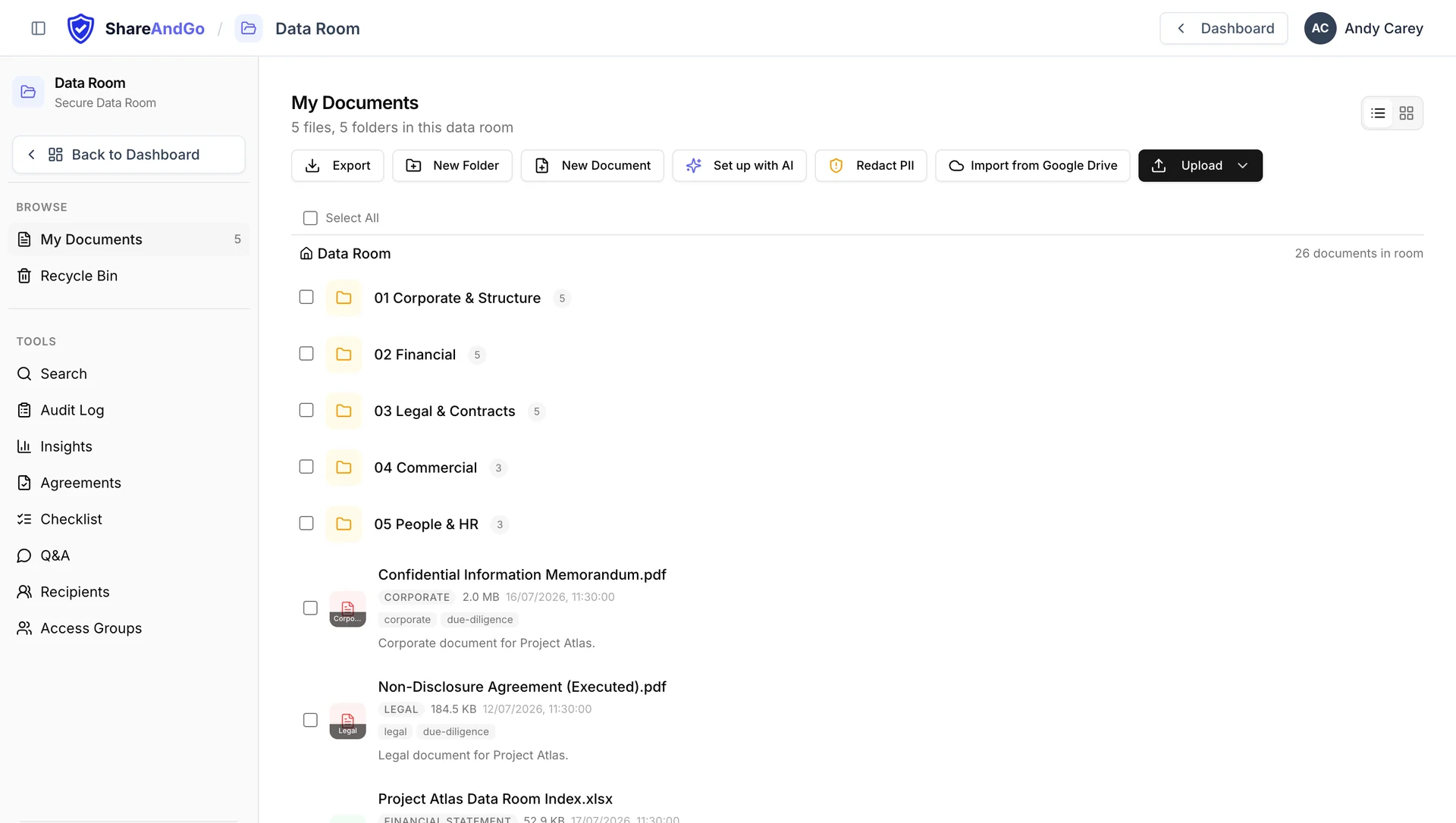 A ShareAndGo data room showing due-diligence folders and documents with AI categorisation, file sizes and audit-ready metadata